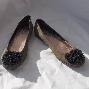 Caressa Khaki/Green Reptile Print, Crystal Glass Tasseled Ballet Flats Size 9.5